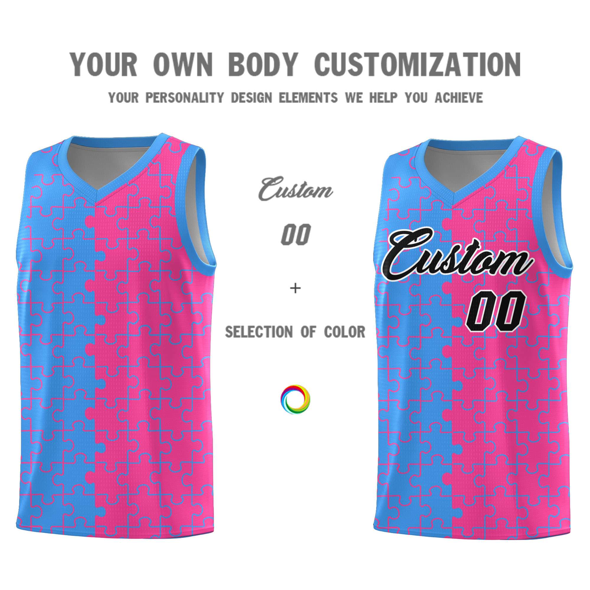 Custom Light Blue Pink Splid Basketball Kits With Puzzle Pattern