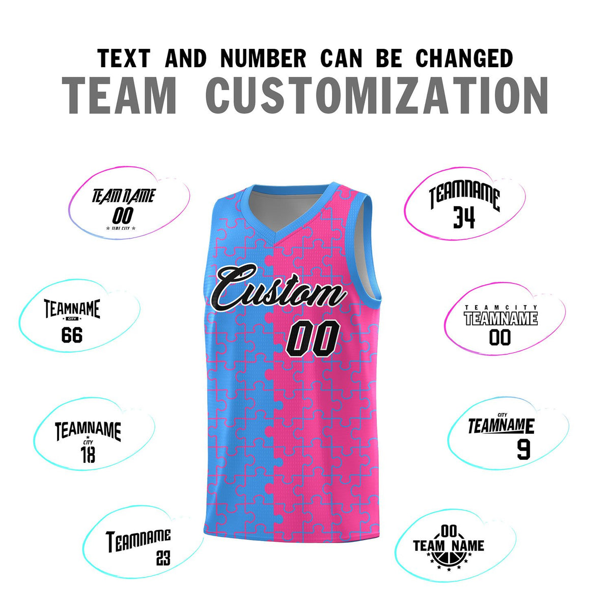 Custom Light Blue Pink Splid Basketball Kits With Puzzle Pattern