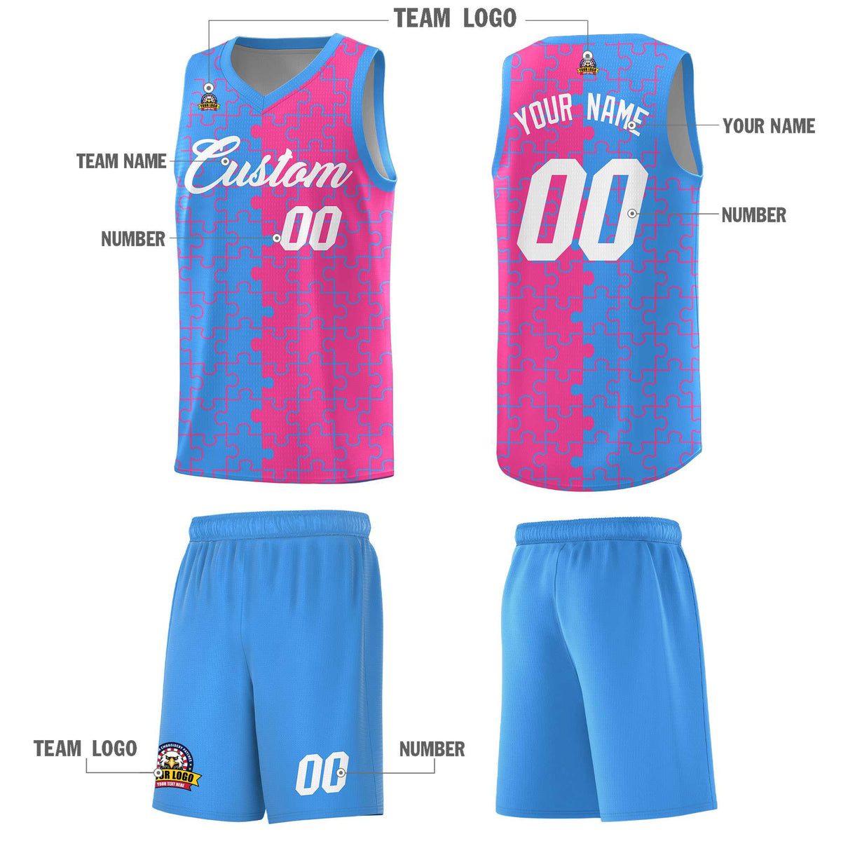 Custom Light Blue Pink Splid Basketball Kits With Puzzle Pattern