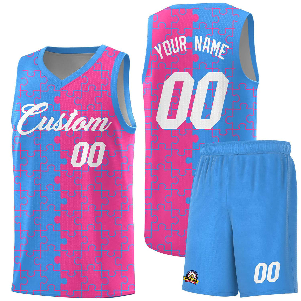 Custom Light Blue Pink Splid Basketball Kits With Puzzle Pattern