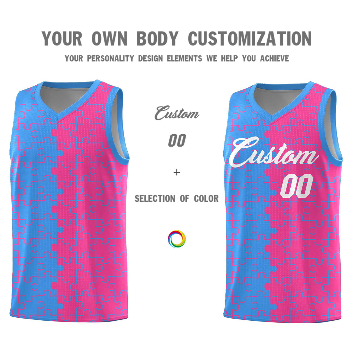 Custom Light Blue Pink Splid Basketball Kits With Puzzle Pattern