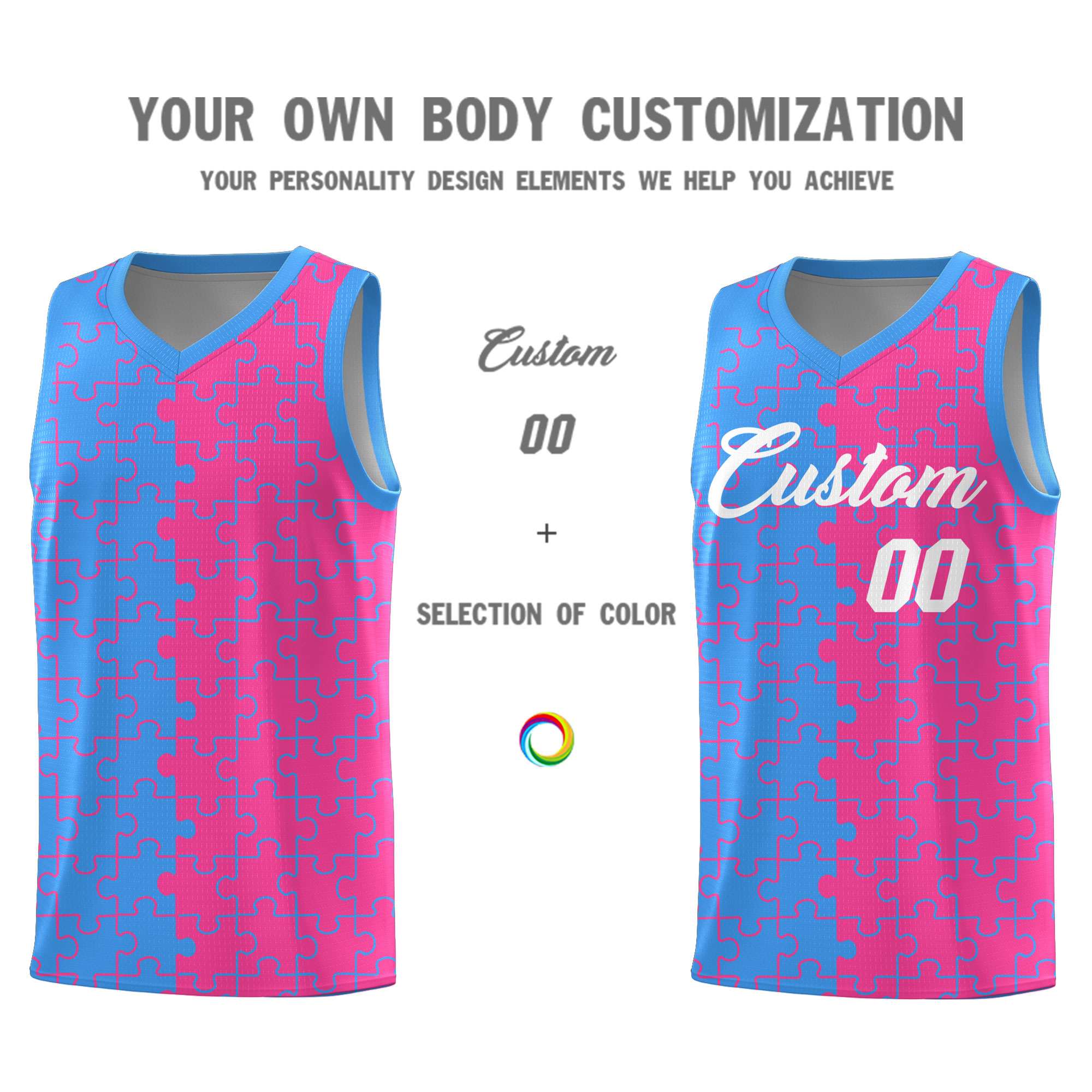 Custom Light Blue Pink Splid Basketball Kits With Puzzle Pattern