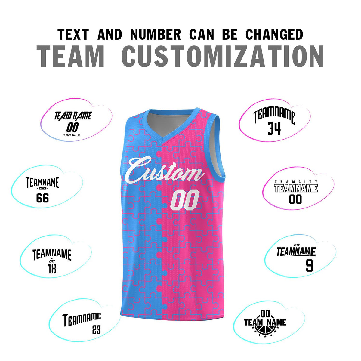 Custom Light Blue Pink Splid Basketball Kits With Puzzle Pattern
