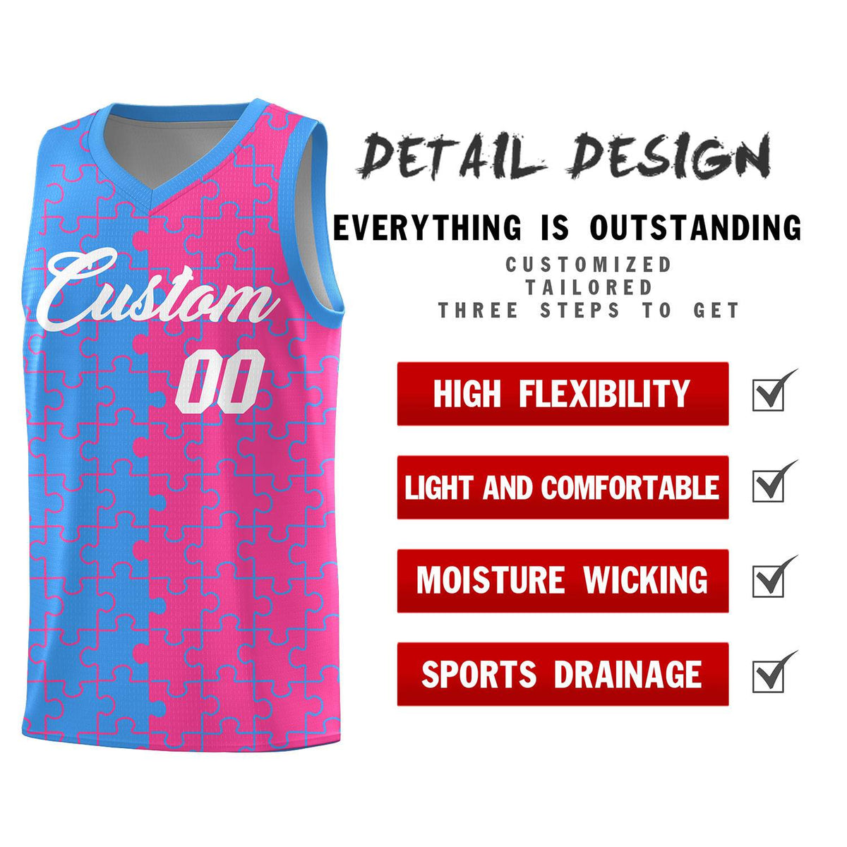 Custom Light Blue Pink Splid Basketball Kits With Puzzle Pattern
