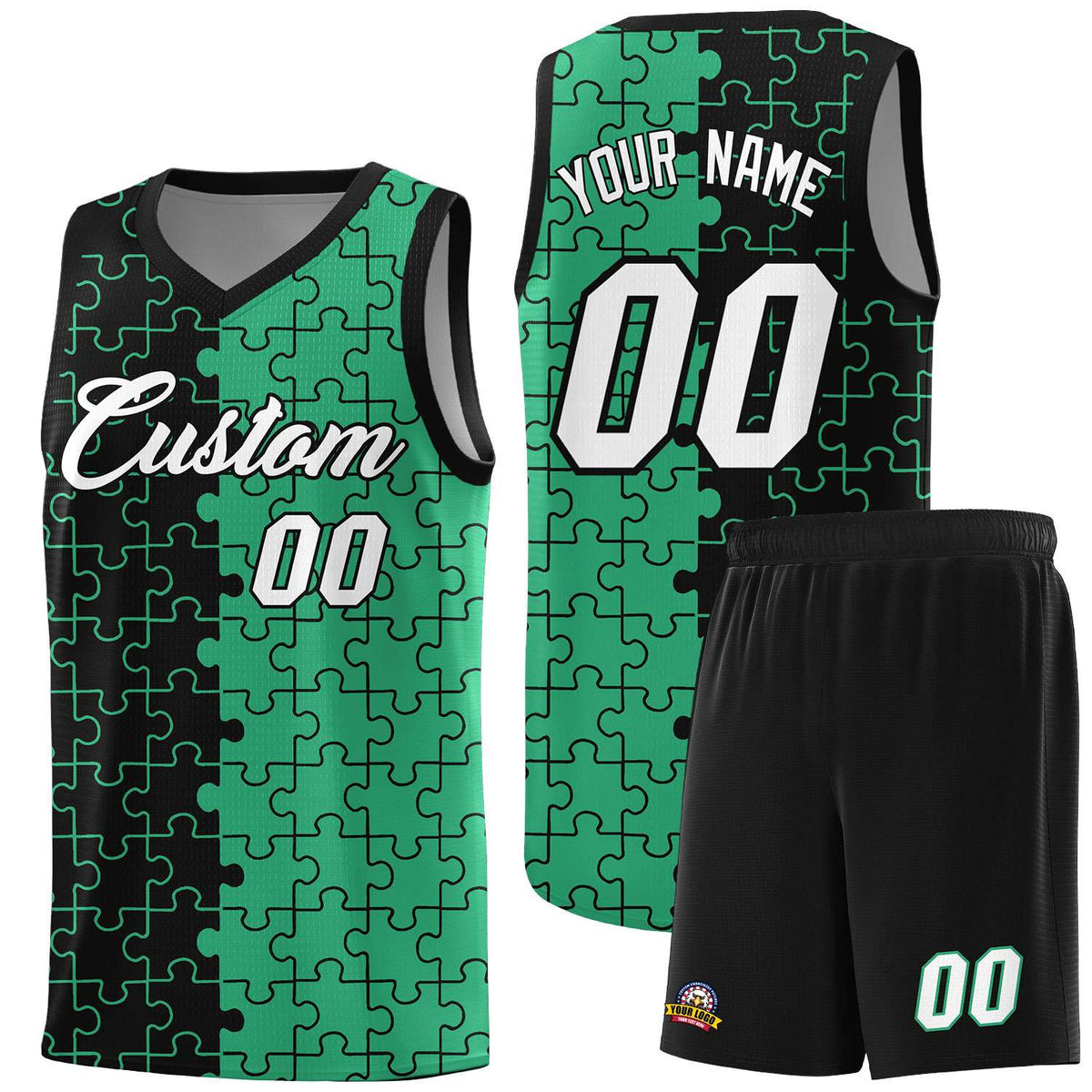 Custom Black Green Splid Basketball Kits With Puzzle Pattern