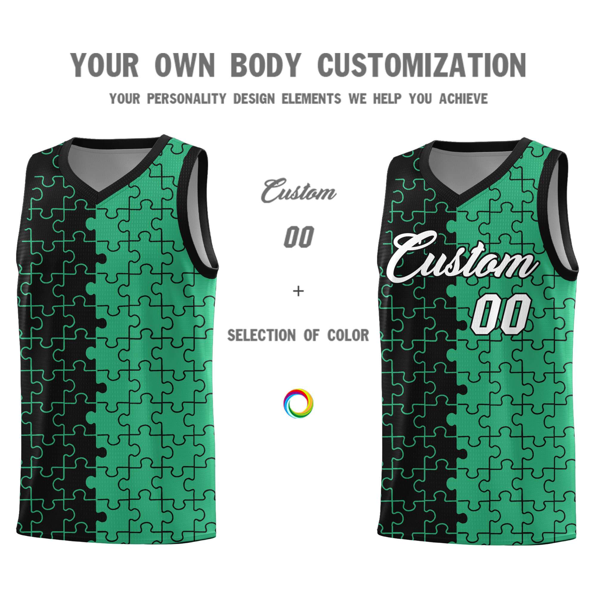 Custom Black Green Splid Basketball Kits With Puzzle Pattern