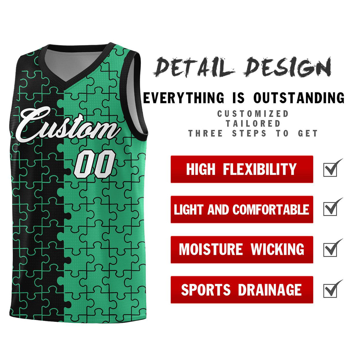 Custom Black Green Splid Basketball Kits With Puzzle Pattern