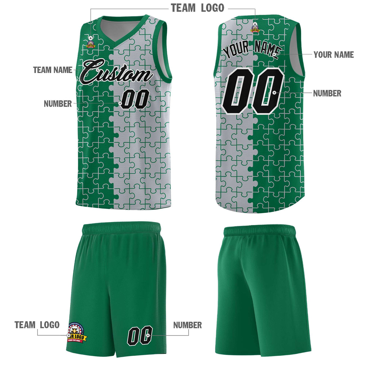 Custom Kelly Green Gray Splid Basketball Kits With Puzzle Pattern