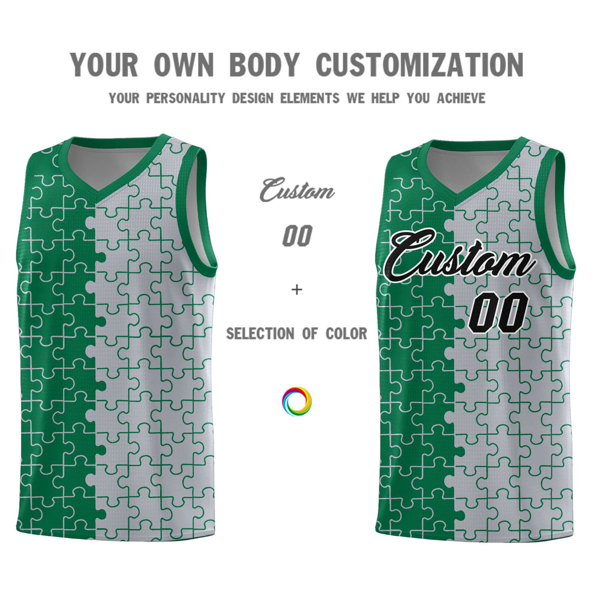 Custom Kelly Green Gray Splid Basketball Kits With Puzzle Pattern