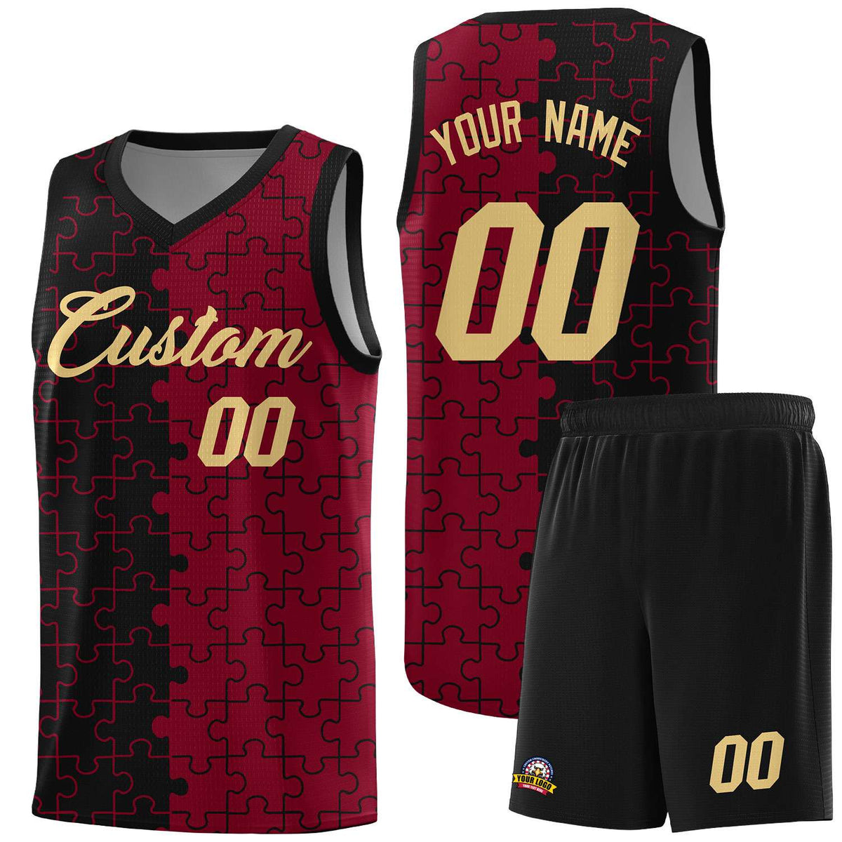 Custom Black Crimson Splid Basketball Kits With Puzzle Pattern