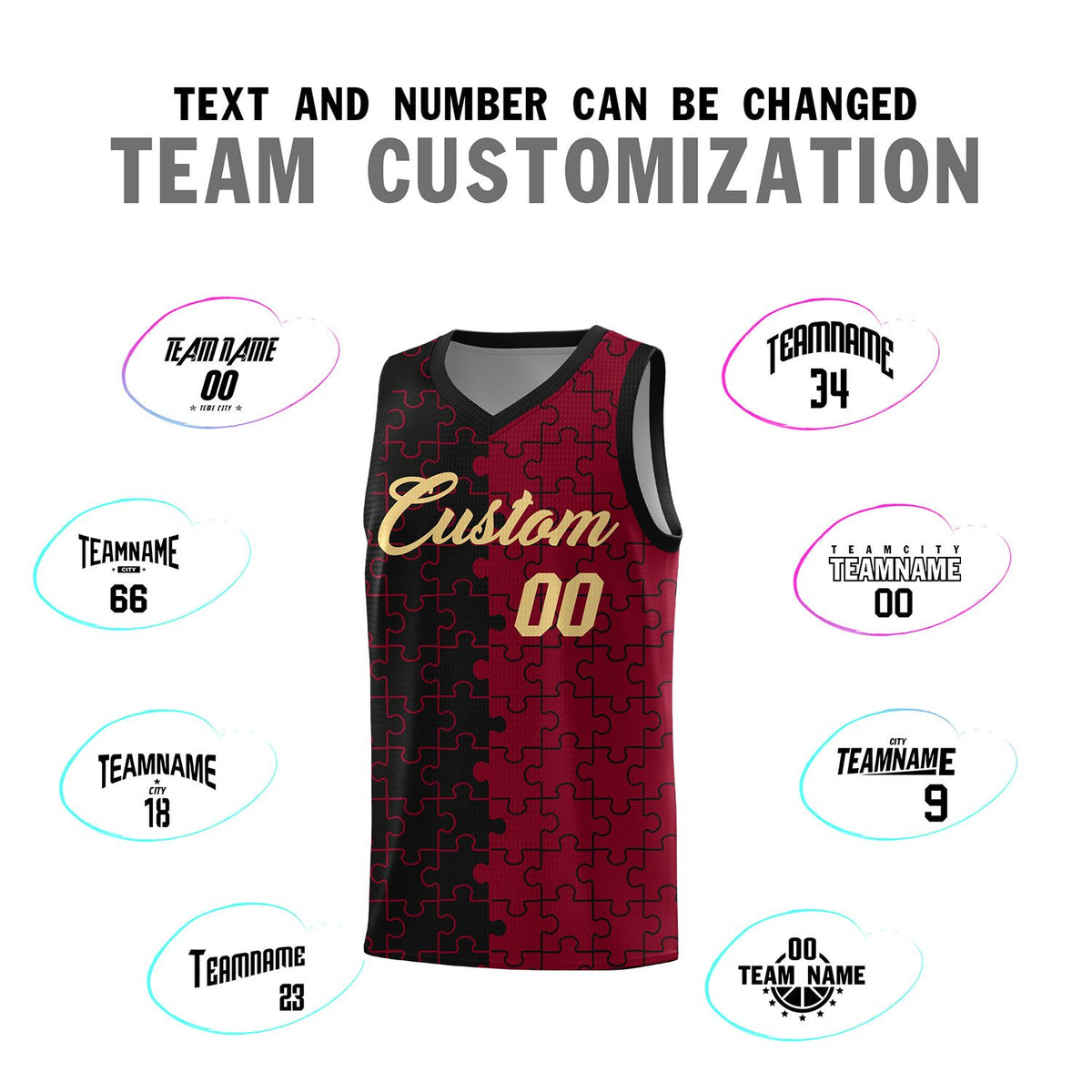Custom Black Crimson Splid Basketball Kits With Puzzle Pattern