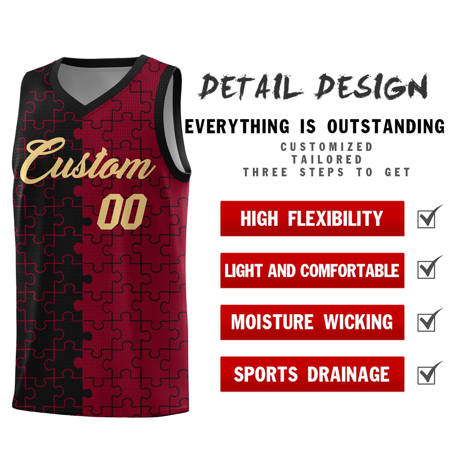 Custom Black Crimson Splid Basketball Kits With Puzzle Pattern