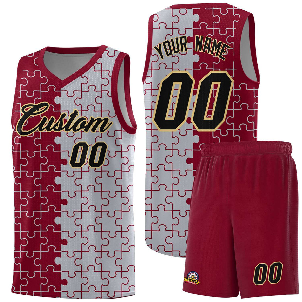 Custom Crimson Gray Splid Basketball Kits With Puzzle Pattern