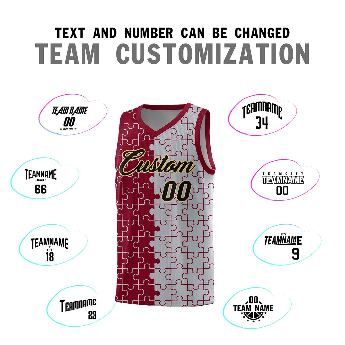 Custom Crimson Gray Splid Basketball Kits With Puzzle Pattern