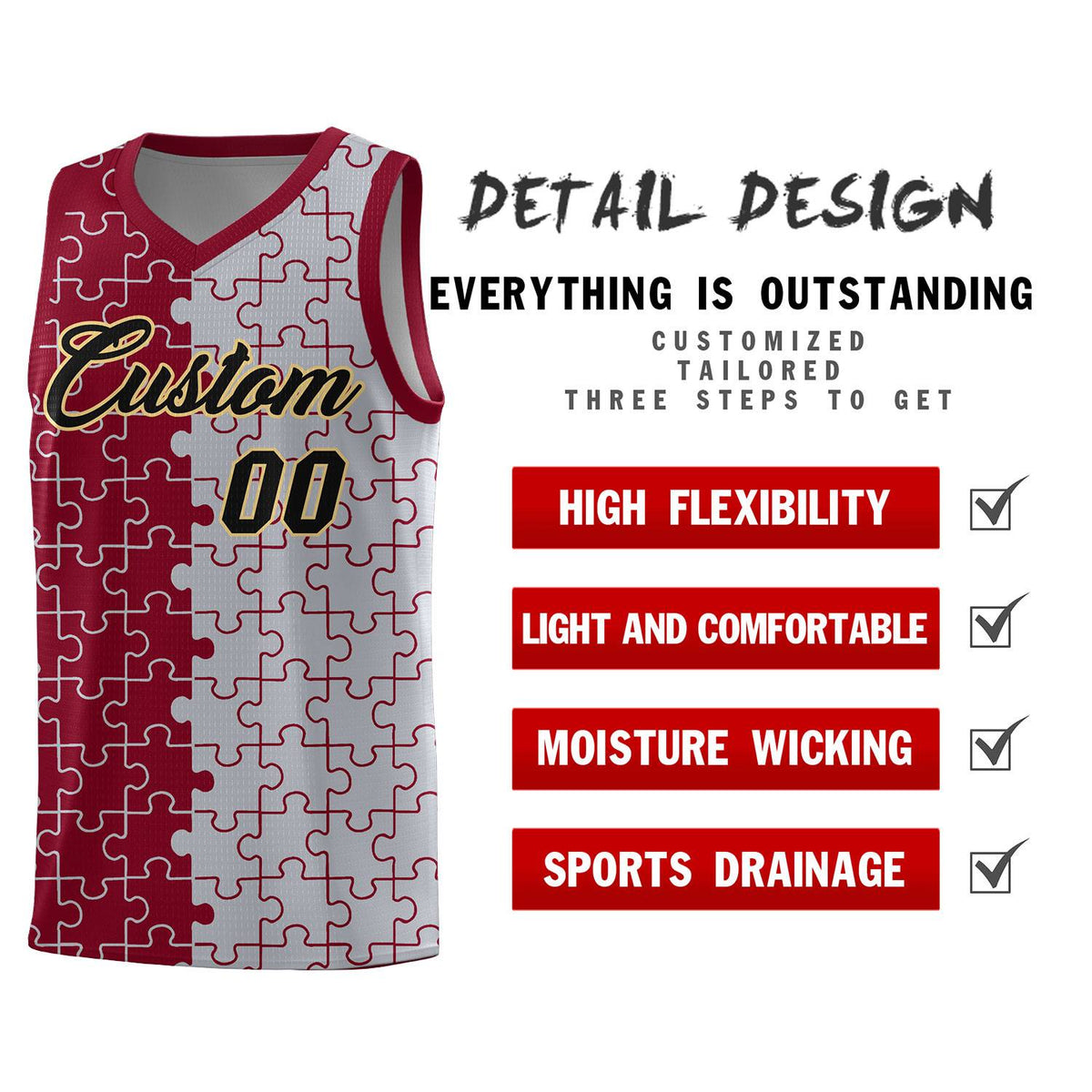 Custom Crimson Gray Splid Basketball Kits With Puzzle Pattern