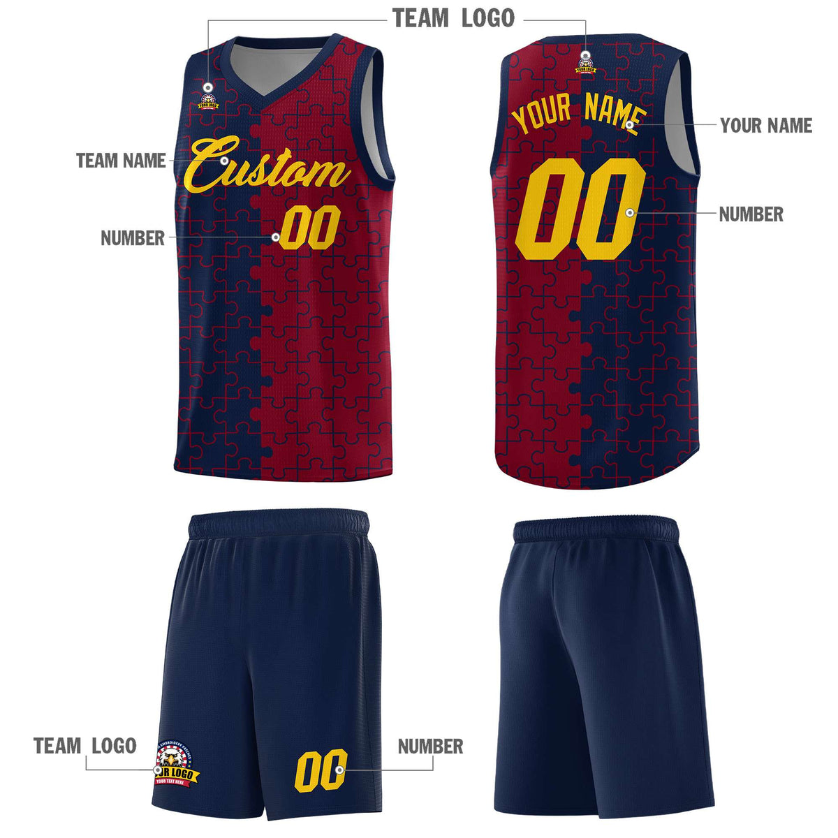 Custom Navy Crimson Splid Basketball Kits With Puzzle Pattern