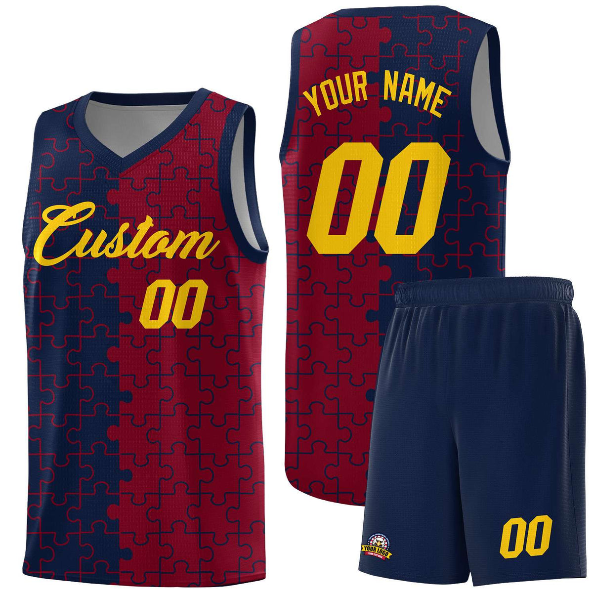 Custom Navy Crimson Splid Basketball Kits With Puzzle Pattern