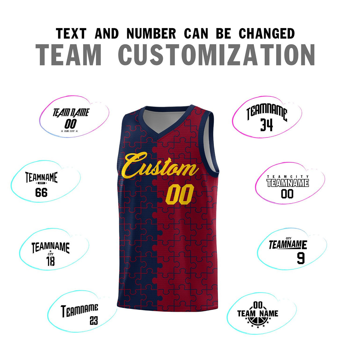 Custom Navy Crimson Splid Basketball Kits With Puzzle Pattern