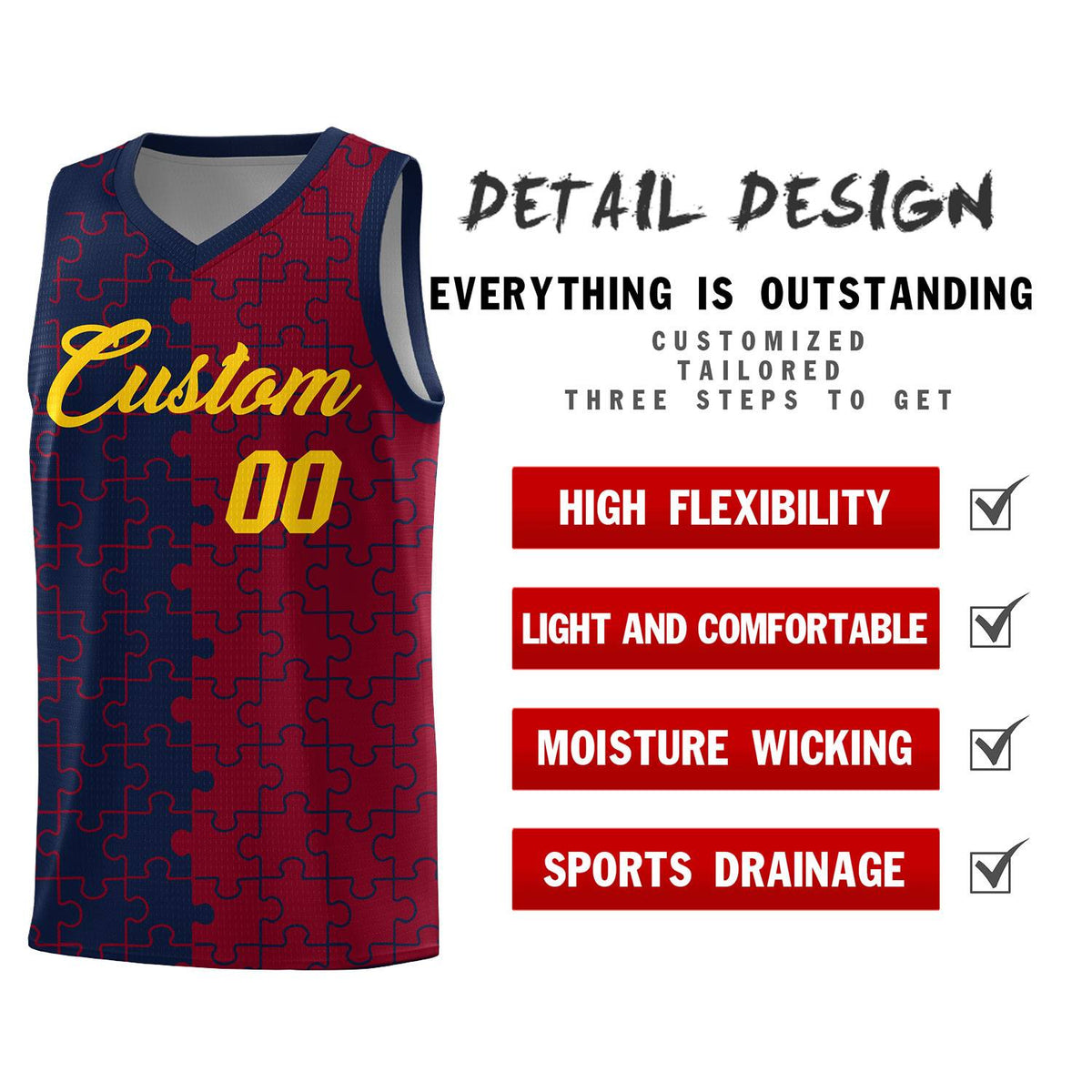 Custom Navy Crimson Splid Basketball Kits With Puzzle Pattern
