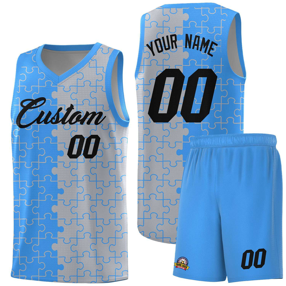 Custom Light Blue Gray Splid Basketball Kits With Puzzle Pattern