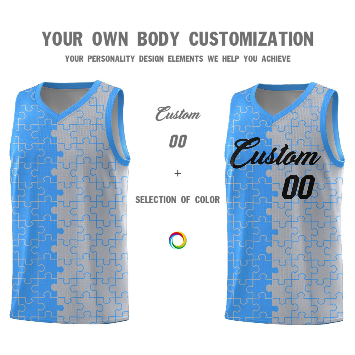 Custom Light Blue Gray Splid Basketball Kits With Puzzle Pattern
