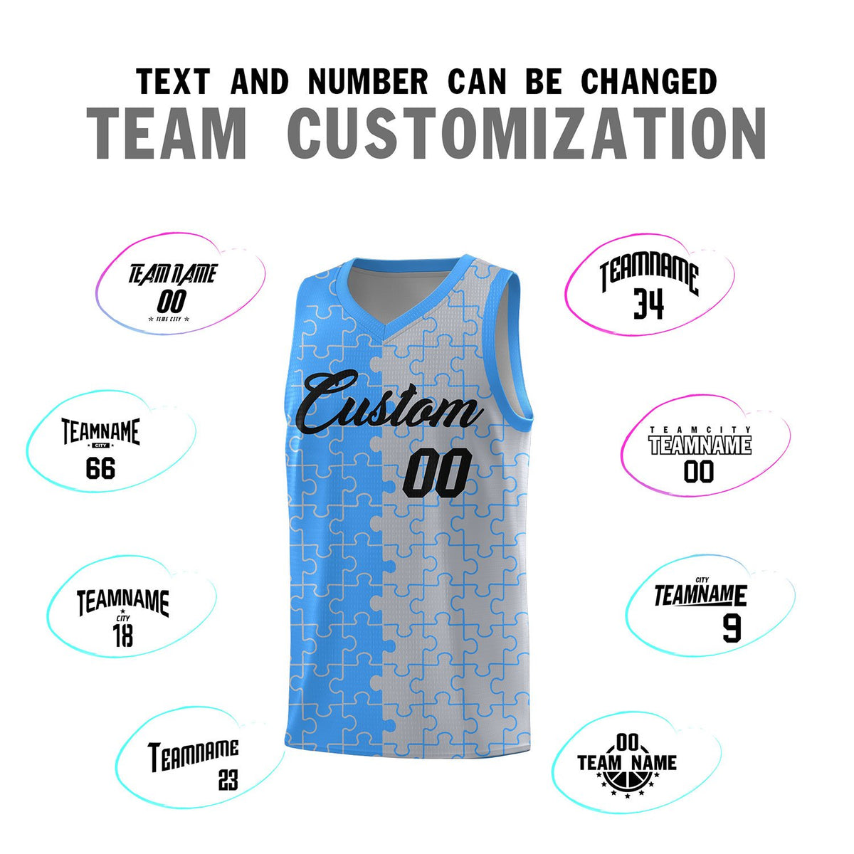 Custom Light Blue Gray Splid Basketball Kits With Puzzle Pattern