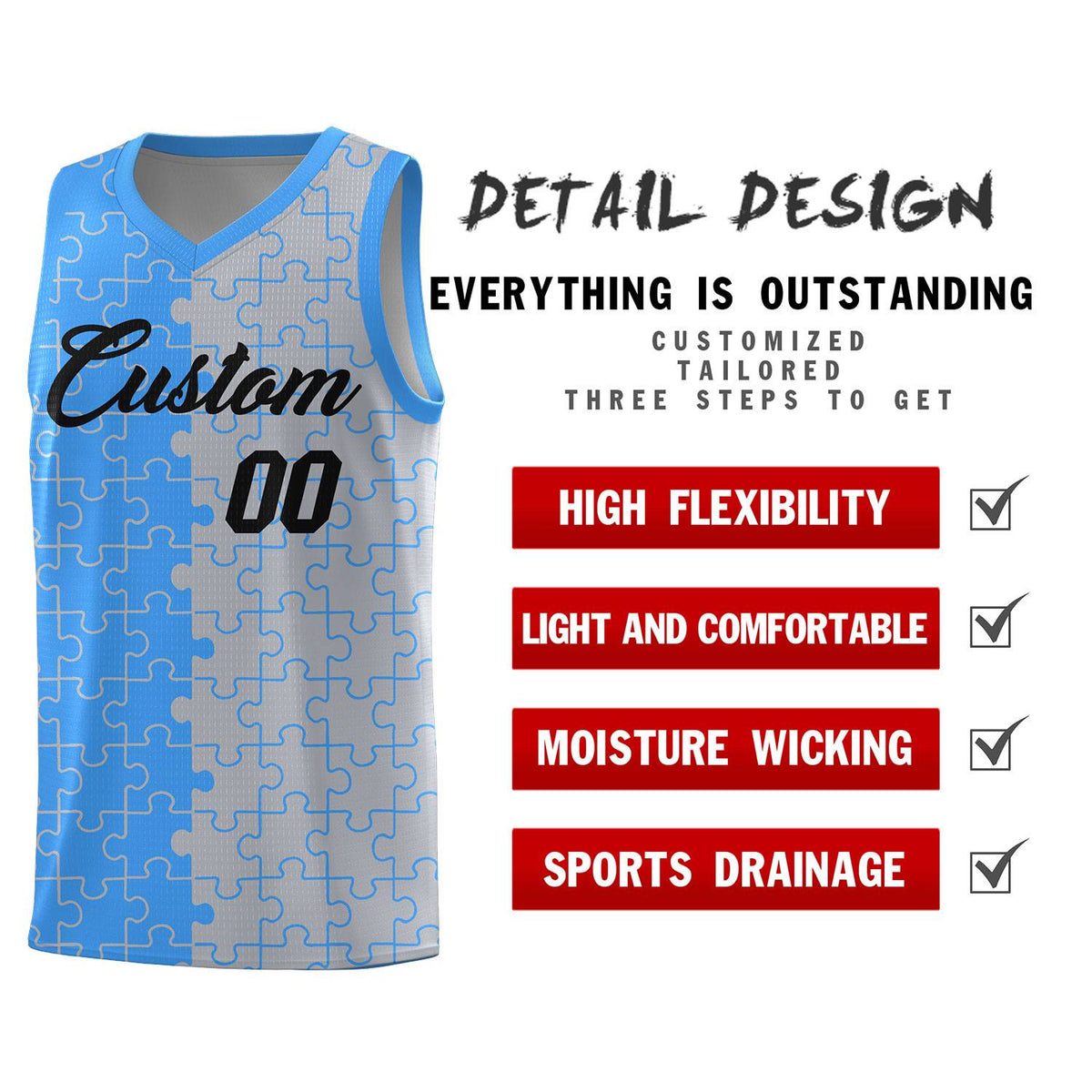 Custom Light Blue Gray Splid Basketball Kits With Puzzle Pattern