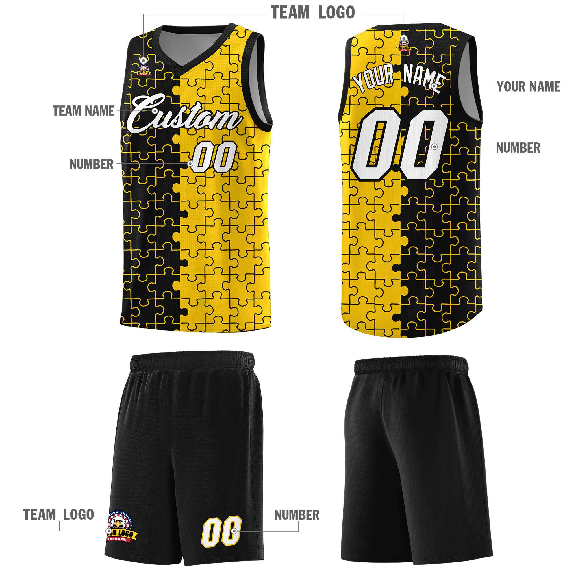 Custom Black Gold Splid Basketball Kits With Puzzle Pattern