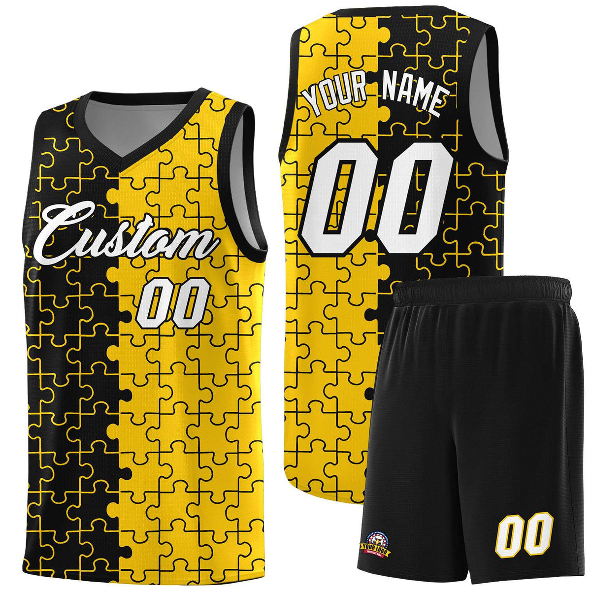 Custom Black Gold Splid Basketball Kits With Puzzle Pattern