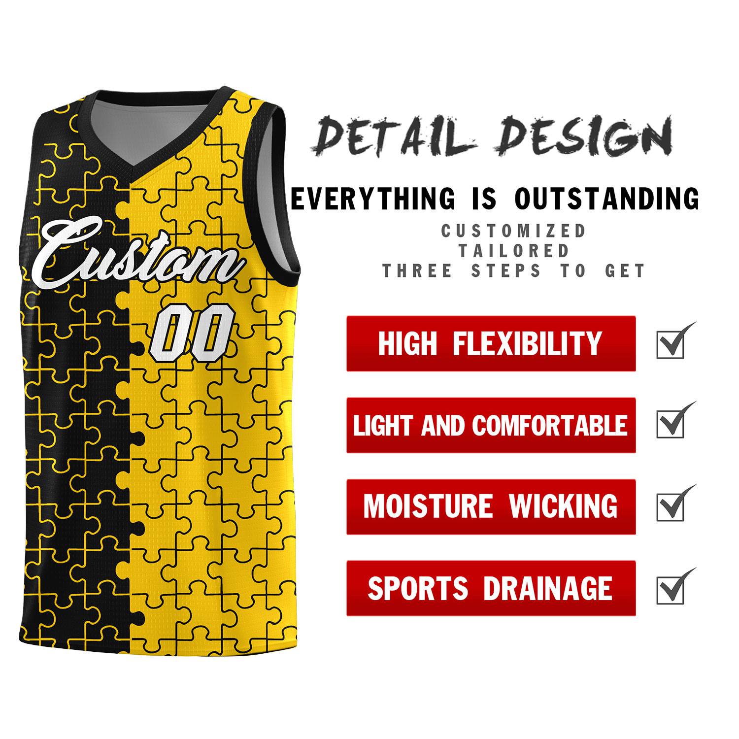 Custom Black Gold Splid Basketball Kits With Puzzle Pattern