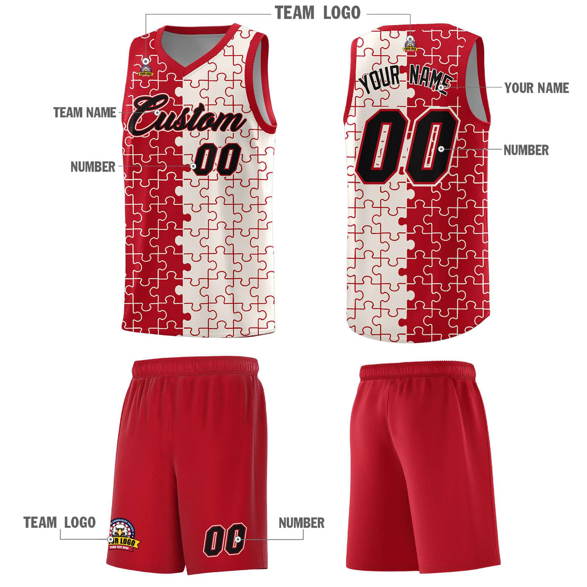 Custom Red Cream Splid Basketball Kits With Puzzle Pattern