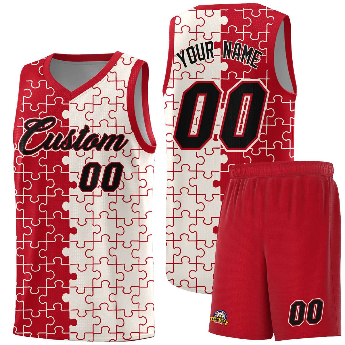 Custom Red Cream Splid Basketball Kits With Puzzle Pattern