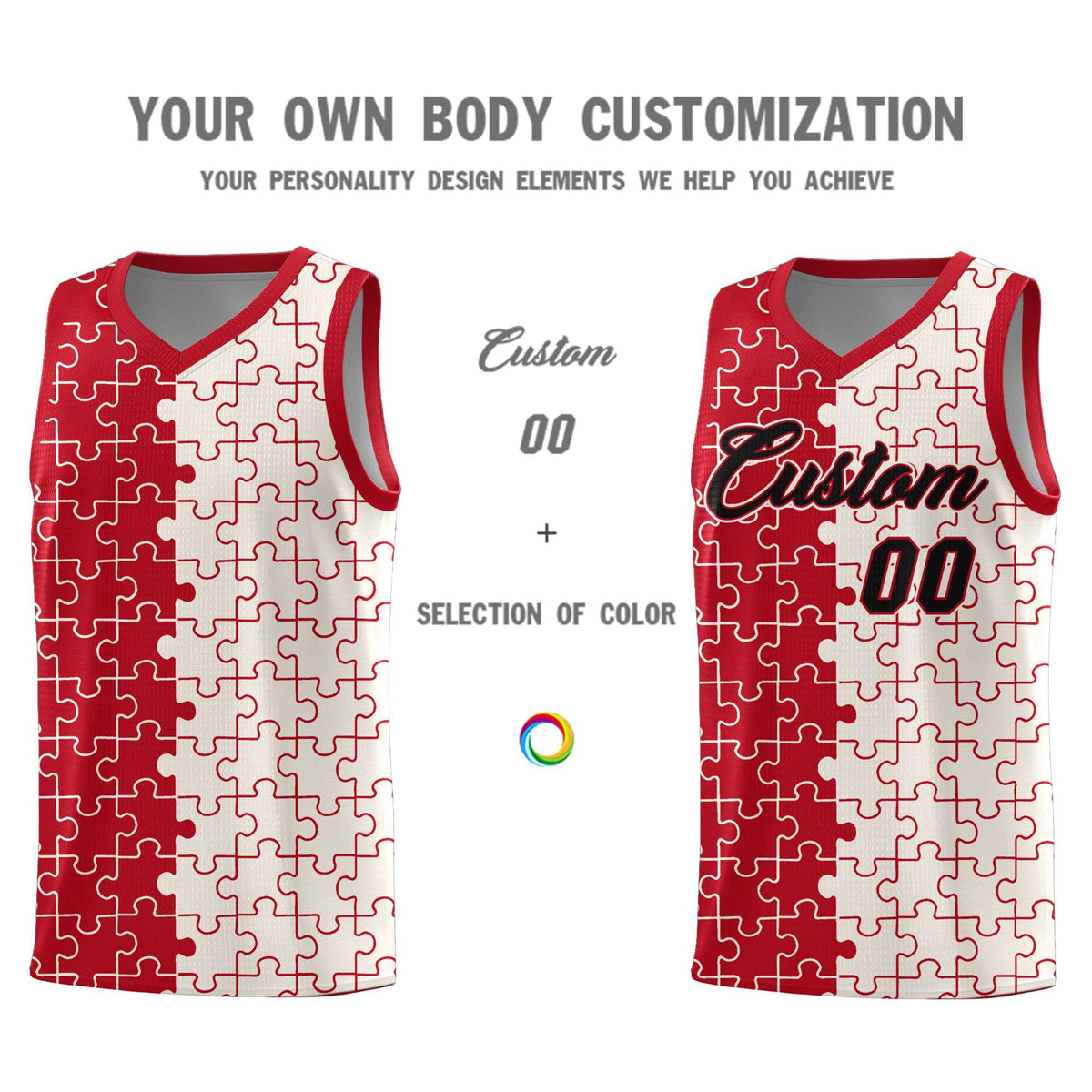 Custom Red Cream Splid Basketball Kits With Puzzle Pattern