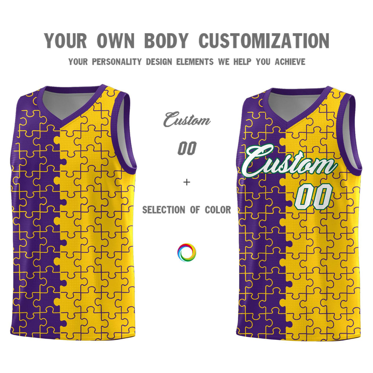 Custom Purple Gold Splid Basketball Kits With Puzzle Pattern