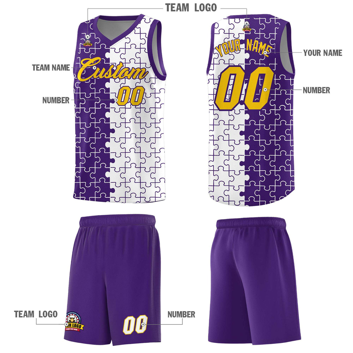 Custom Purple White Splid Basketball Kits With Puzzle Pattern