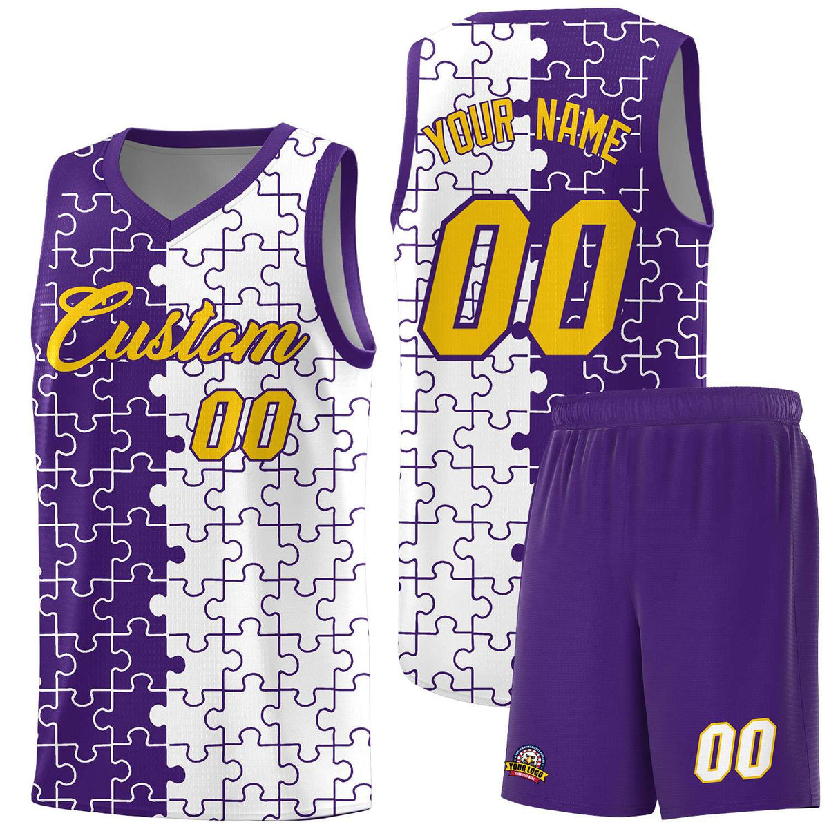 Custom Purple White Splid Basketball Kits With Puzzle Pattern