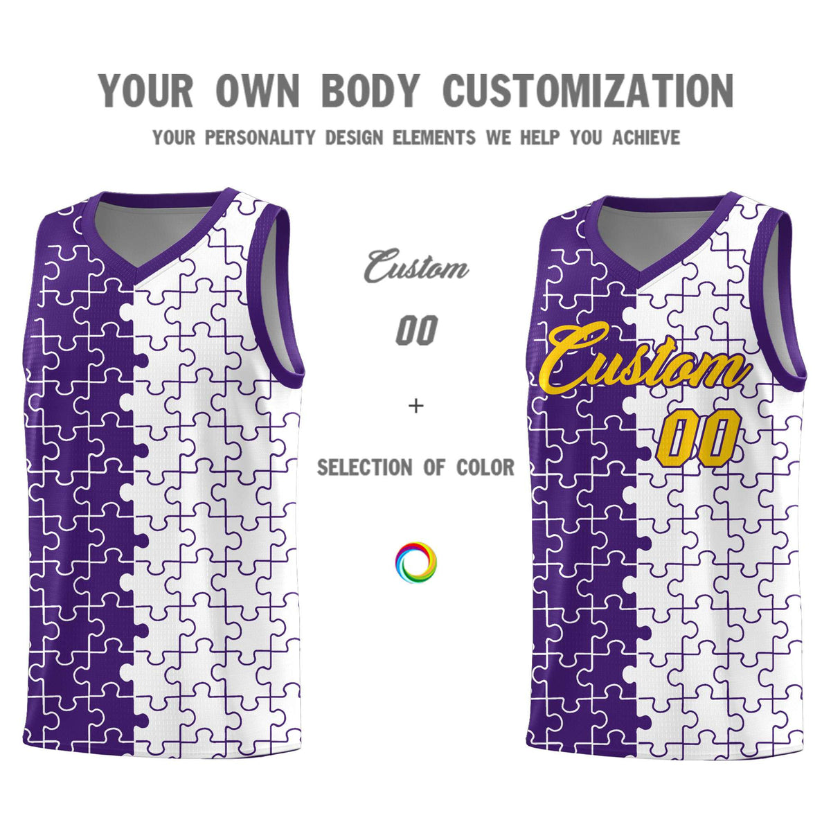 Custom Purple White Splid Basketball Kits With Puzzle Pattern