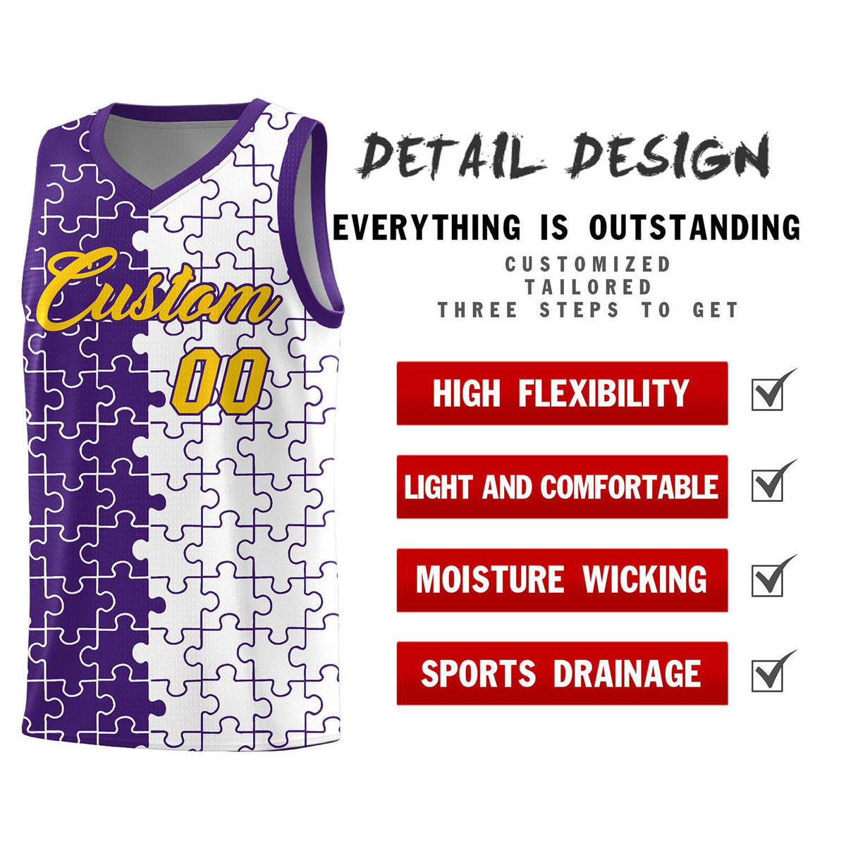 Custom Purple White Splid Basketball Kits With Puzzle Pattern