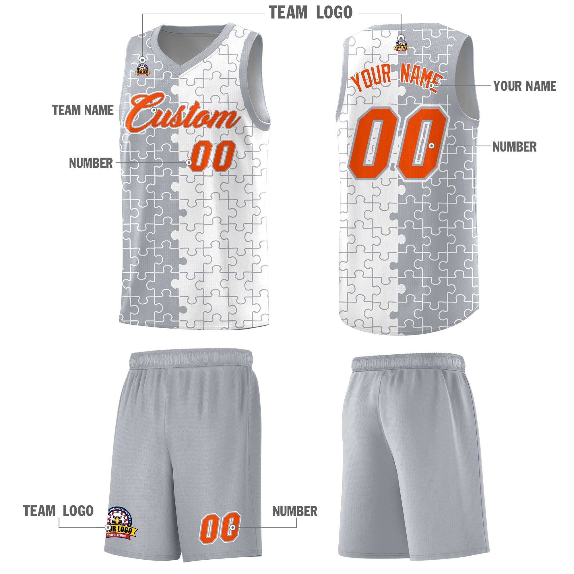 Custom Gray White Splid Basketball Kits With Puzzle Pattern