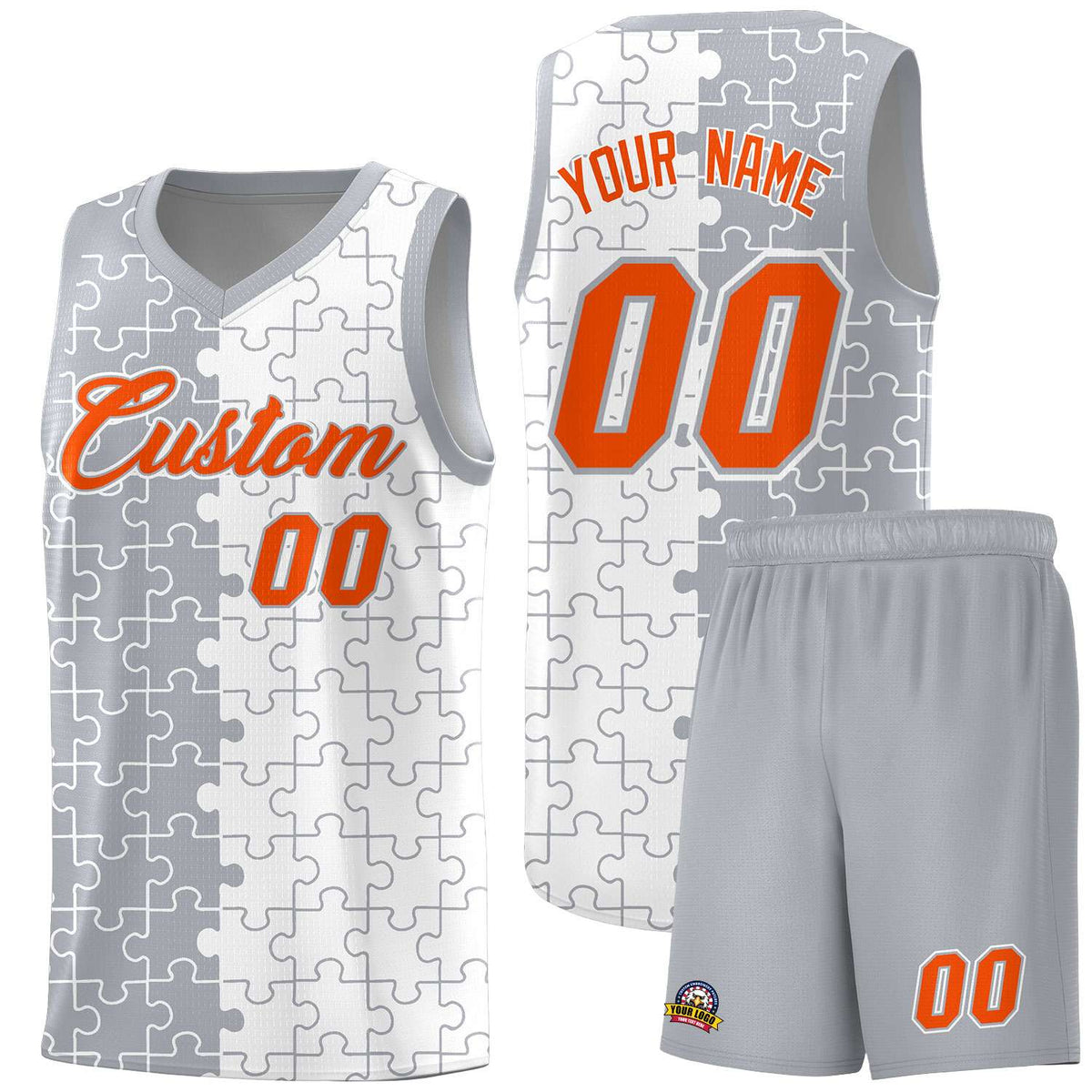 Custom Gray White Splid Basketball Kits With Puzzle Pattern