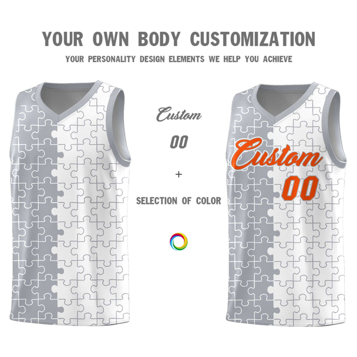 Custom Gray White Splid Basketball Kits With Puzzle Pattern