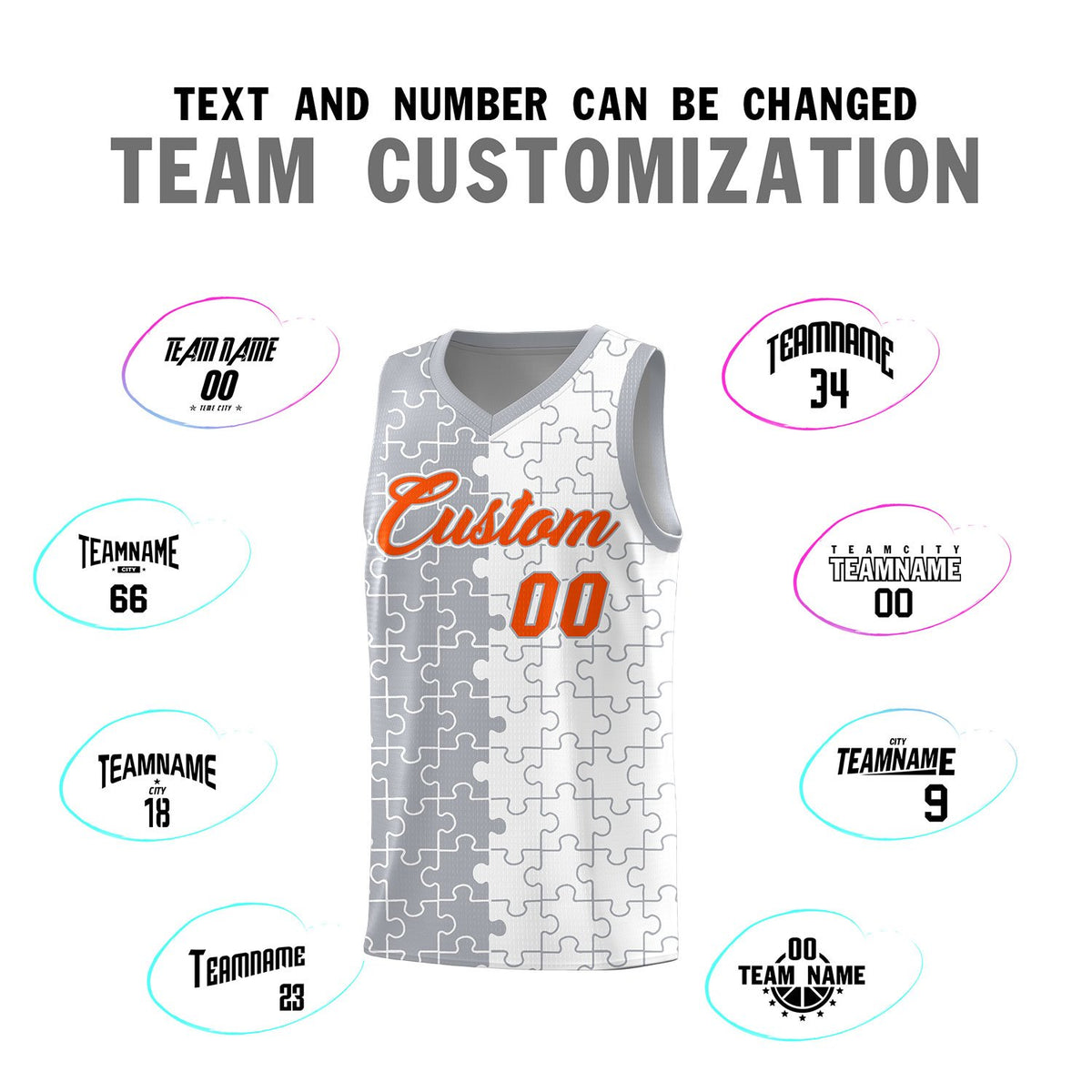 Custom Gray White Splid Basketball Kits With Puzzle Pattern