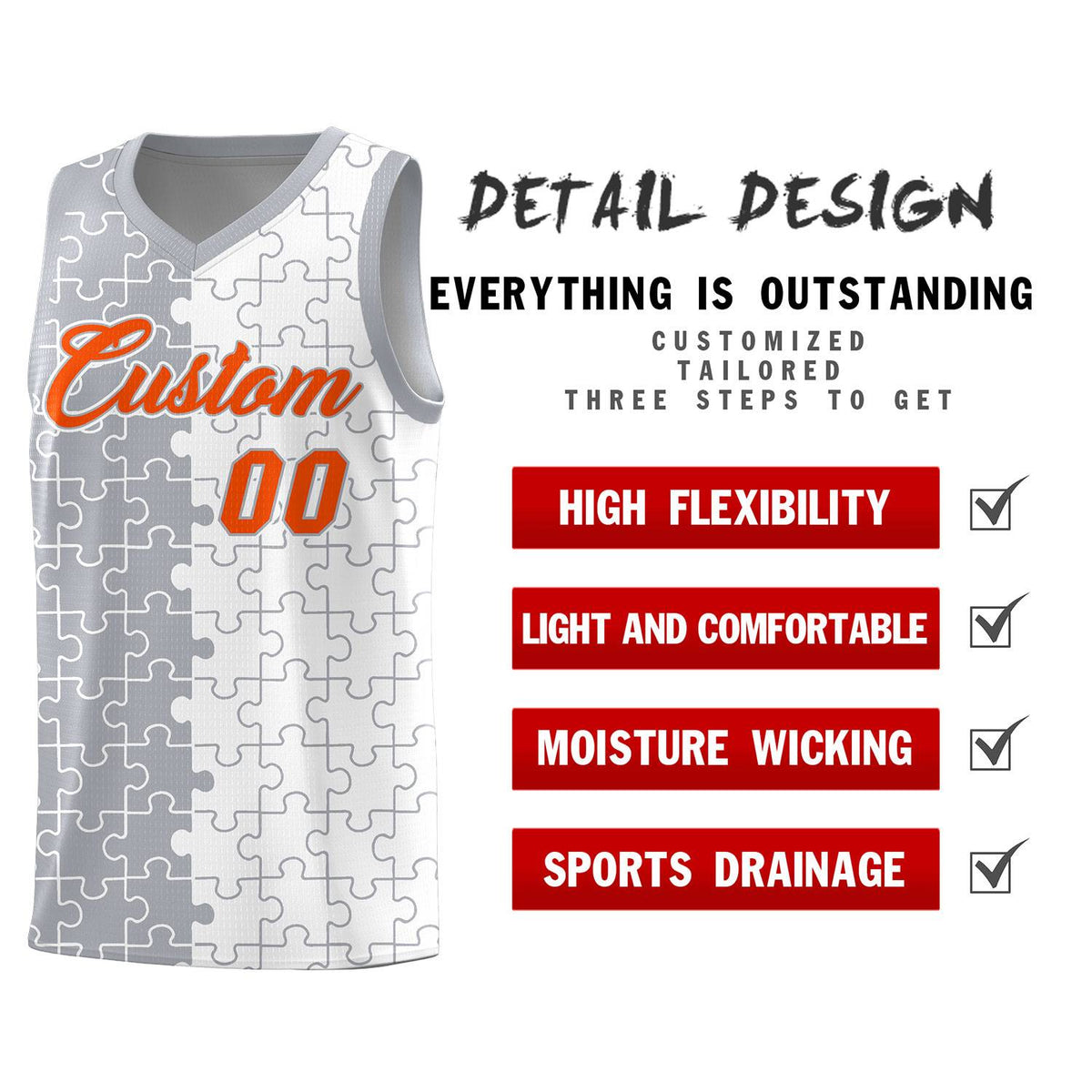 Custom Gray White Splid Basketball Kits With Puzzle Pattern