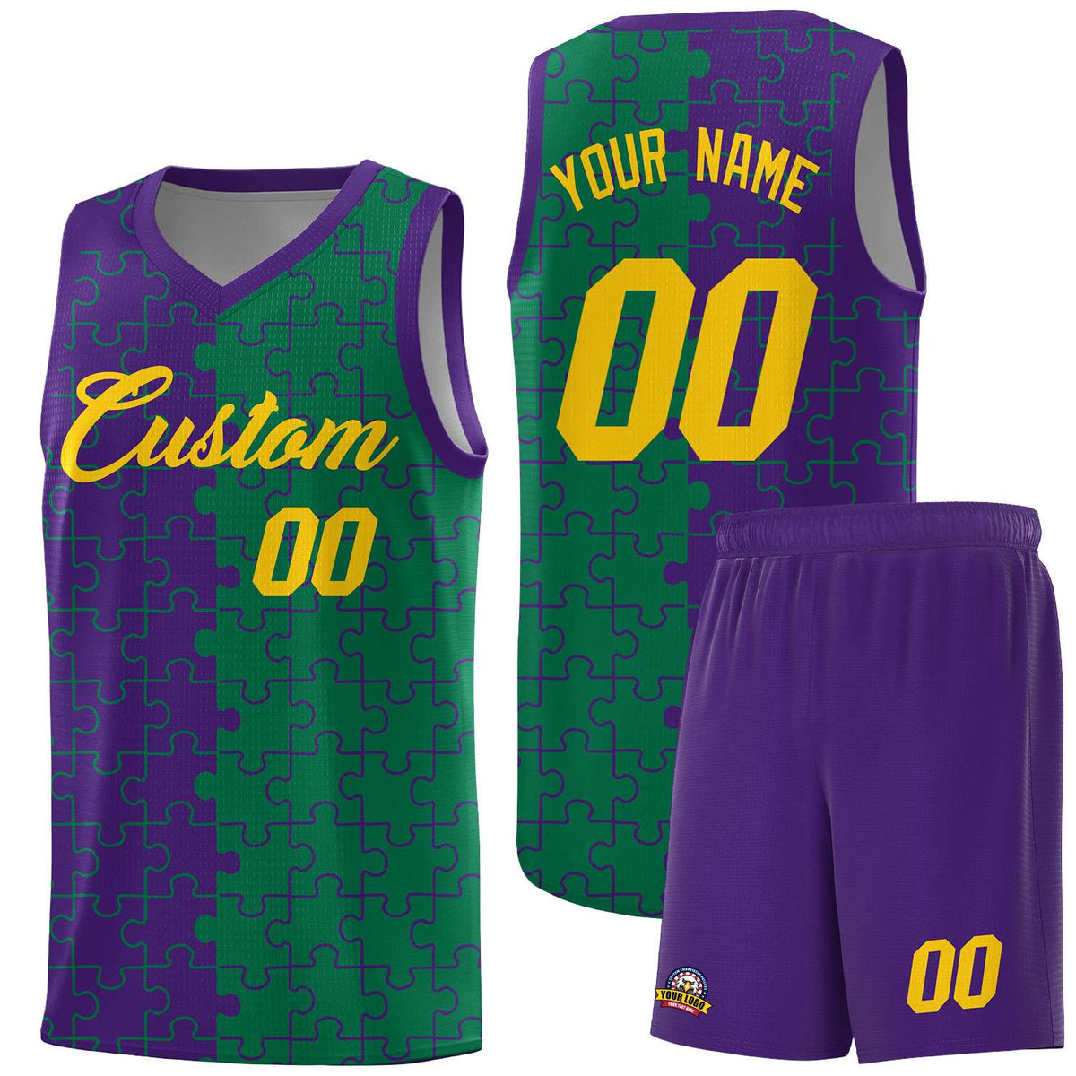 Custom Purple Kelly Green Splid Basketball Kits With Puzzle Pattern