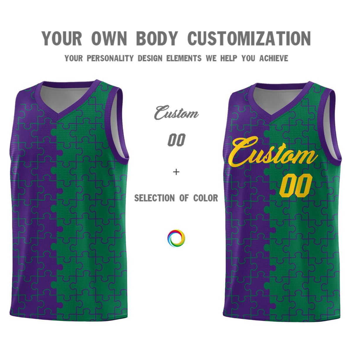 Custom Purple Kelly Green Splid Basketball Kits With Puzzle Pattern