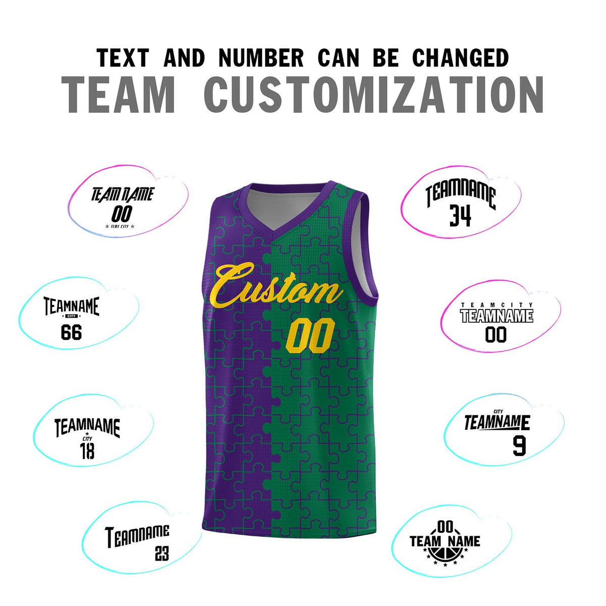 Custom Purple Kelly Green Splid Basketball Kits With Puzzle Pattern