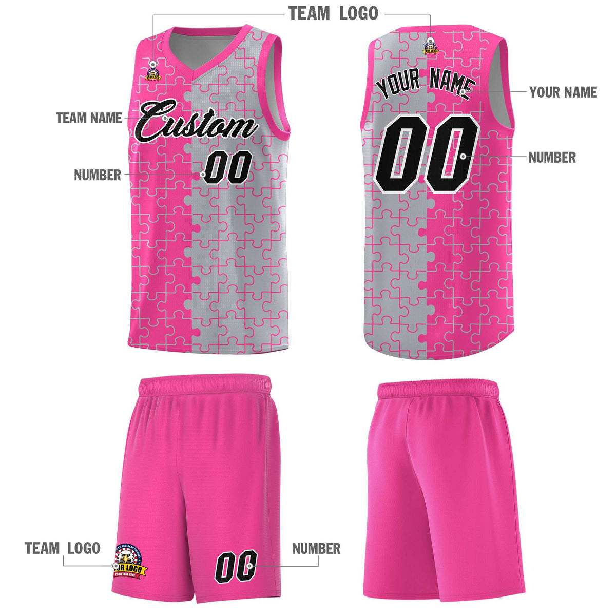 Custom Pink Gray Splid Basketball Kits With Puzzle Pattern