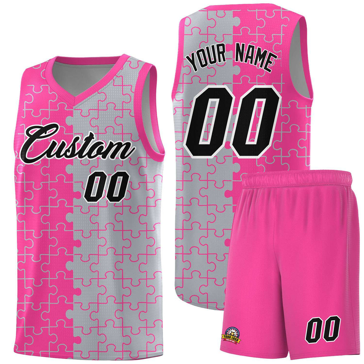 Custom Pink Gray Splid Basketball Kits With Puzzle Pattern