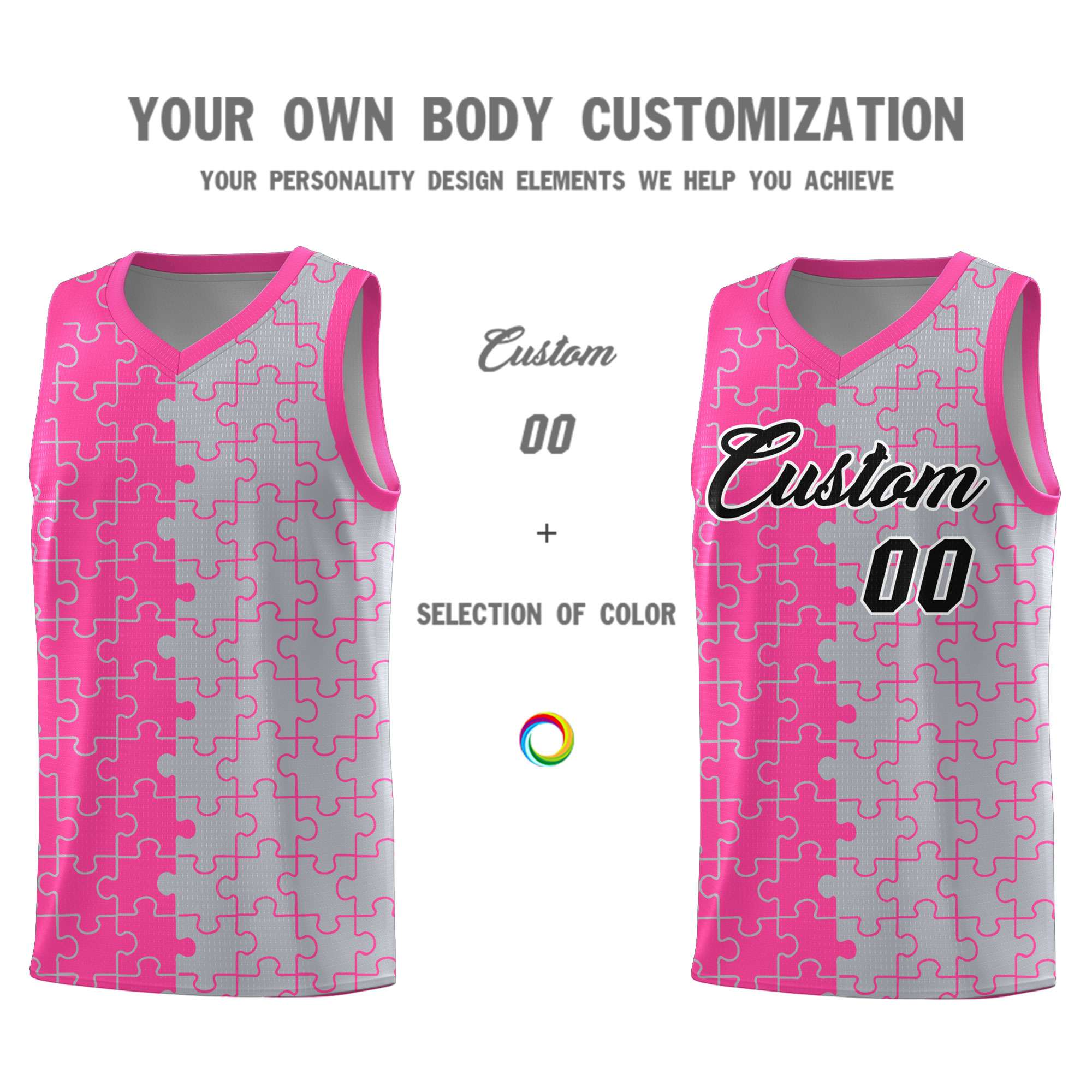Custom Pink Gray Splid Basketball Kits With Puzzle Pattern