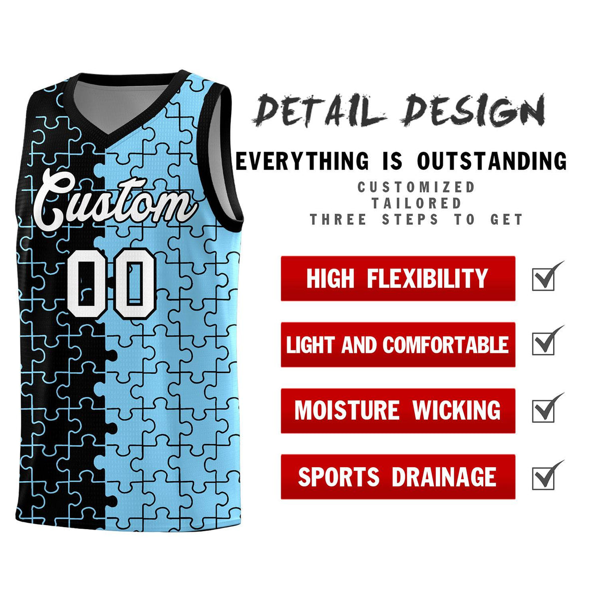Custom Black Light Blue Basketball Jersey